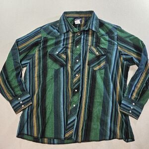 Wrangler Western Pearl Snap Shirt XXL Green Striped Cowboy Long Sleeve
